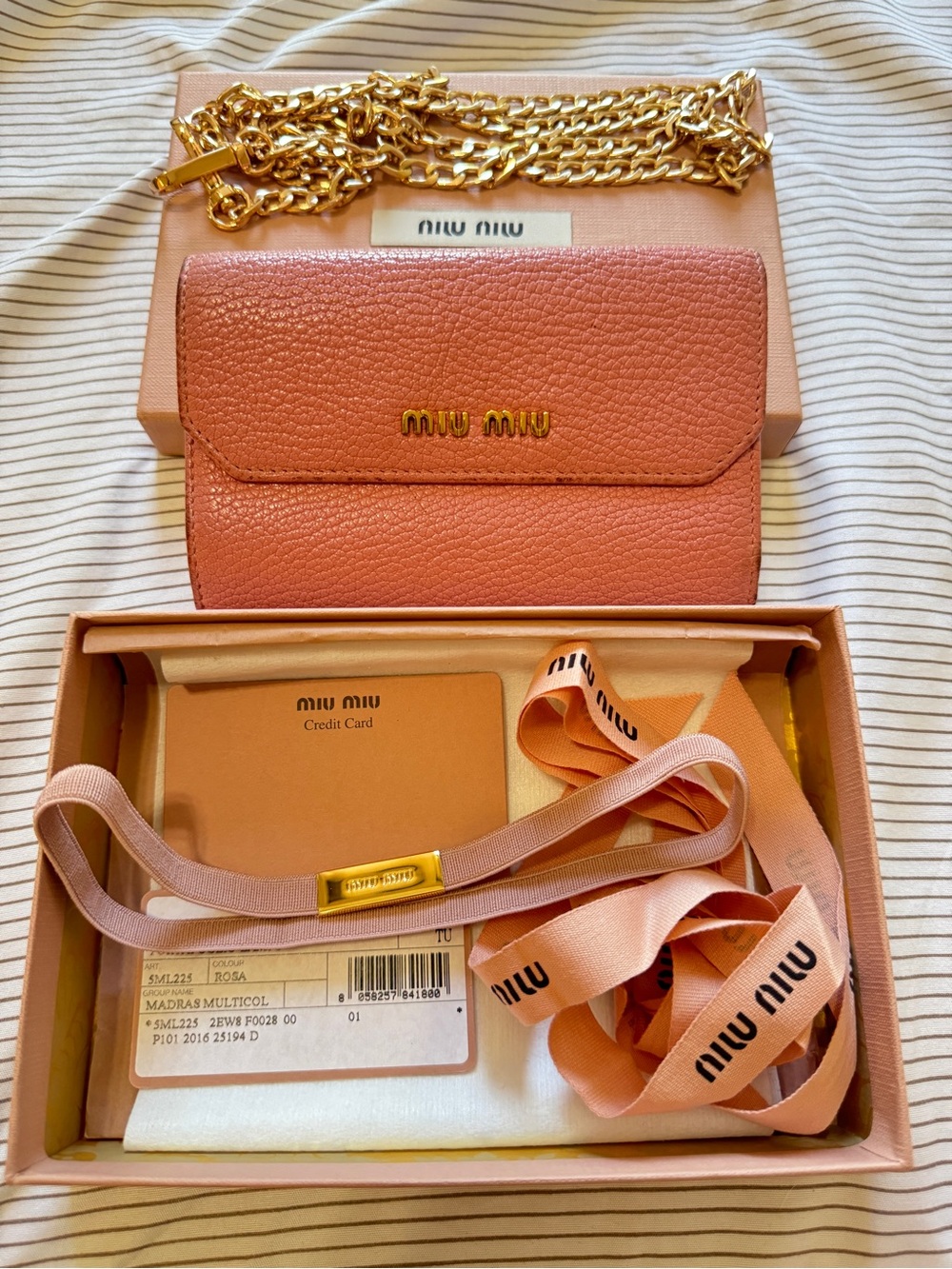 Miu Miu Pink Pebbled Leather Wallet-On-Chain with Gold Hardware